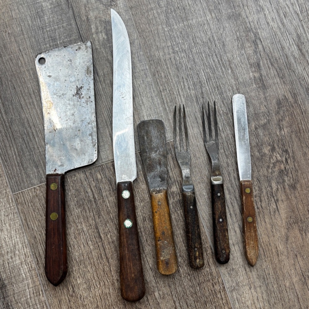Vintage Wood Handle Kitchen Knife Set Cleaver Slicer Forks Quikut Flint 6pc